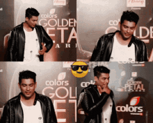 a man in a leather jacket stands in front of a wall that says colors golden petal
