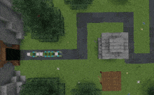 an aerial view of a minecraft world with a stone building