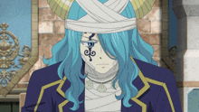 a man with long blue hair and horns has a bandage on his head