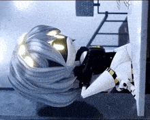 a statue of a woman with long white hair is laying on the ground