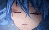 a close up of a person with blue hair