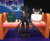 a cartoon character is standing next to a stuffed cat