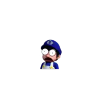 a cartoon character wearing a blue hat and overalls with a badge that says e.