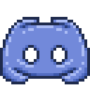 a pixel art drawing of a discord logo with two white circles in the middle .