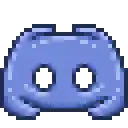 a pixel art drawing of a discord logo with two white circles in the middle .