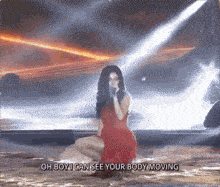 a woman in a red dress is singing into a microphone with the words oh boy i can see your body moving behind her
