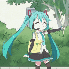 a girl with long blue hair is holding a yellow bag