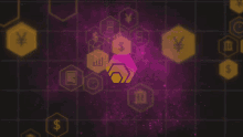 a purple and yellow grid with currency symbols