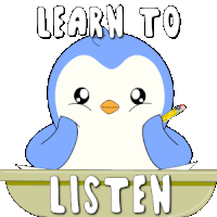 a penguin with a pencil in its beak and the words learn to listen below it