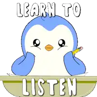 a penguin with a pencil in its beak and the words learn to listen below it