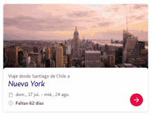 an advertisement for viaje desde santiago de chile a nueva york in spanish