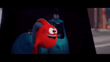 a red cartoon character is jumping in the air while another cartoon character is laughing in the background .