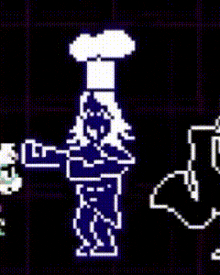 a pixel art of a chef and a monster on a black background . the chef is wearing a chef 's hat .