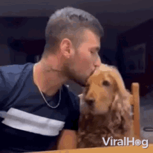 a man is kissing a dog on the nose .