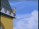a cartoon bird is sitting on the roof of a yellow building