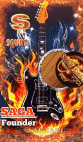 a poster for saga founder shows a guitar and a drum in flames