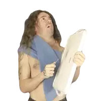 a shirtless man with a blue towel around his neck is holding a white tray that says williams