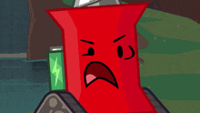 a cartoon drawing of a red object with an angry expression