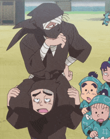 a group of ninjas are standing in a field and one of them has a bandage on his face