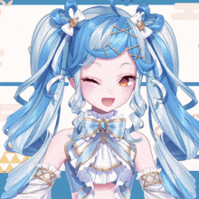 a girl with blue hair and white ribbons on her hair