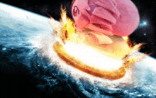 a cartoon character with the letter g on it is flying through space