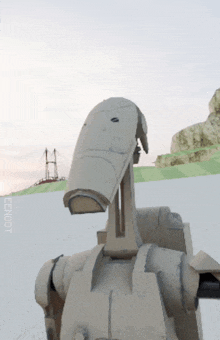 a close up of a robot with a bridge in the background