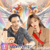 a man and a woman are posing for a picture with the words starmaker kiss me please on the bottom right