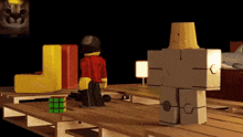 a cartoon of a robot standing next to a lego figure