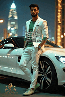 a man in a suit leans against a white car and says " noapte buna goodnight "