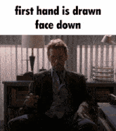 a man sitting in a chair with the words first hand is drawn face down on the bottom