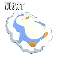a blue and white penguin is laying on a cloud with the words night night above it