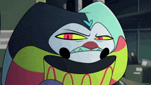 a close up of a cartoon character with red eyes and a heart on his head