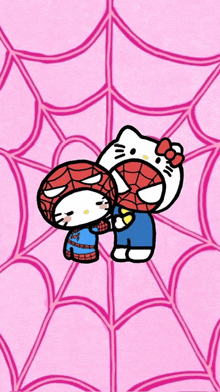 hello kitty and spiderman are hugging each other in front of a spider web