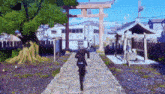 a man walking down a stone path with a sign that says ' t.m. ' on it