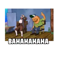 a cartoon of a man standing next to a man sitting in a chair with the words bahahaha written on the bottom