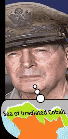 a man wearing a hat with the words sea of irradiated cobalt