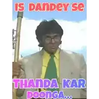 a man in a suit and tie is holding a stick with the words is dandey se thanda kar doonga