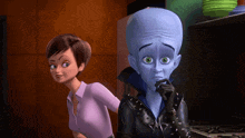 a woman standing next to a man with a big head