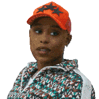 a woman wearing an orange hat and a jacket with the letter a on it