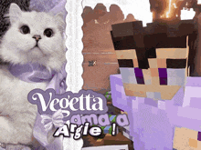 a white cat with a purple scarf around its neck is next to a purple minecraft character