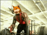 a man with a dog 's head on his chest is lifting a barbell in a gym