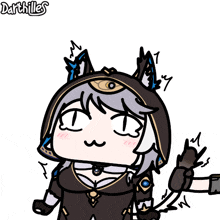 a drawing of a girl with a cat ear hood and darthilles written on the bottom