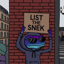 a cartoon character is holding a sign that says list the snek