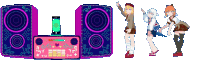 a cartoon drawing of three girls standing next to a speaker system