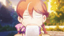 a cartoon of a girl drinking from a container with the letters oel on the bottom