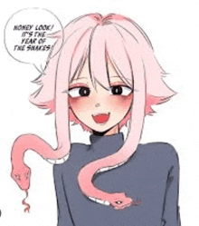 a girl with pink hair and a snake in her hair is talking .