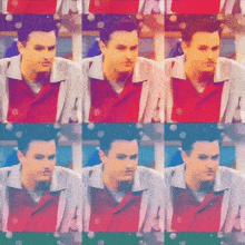 a collage of photos of a man in a red shirt and grey jacket