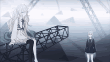 a girl in a white dress is sitting on a metal structure next to another girl