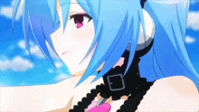 a blue haired anime girl with headphones and a heart necklace