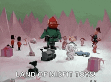 a cartoon of a man standing in the middle of a snowy field surrounded by toys and soldiers .
